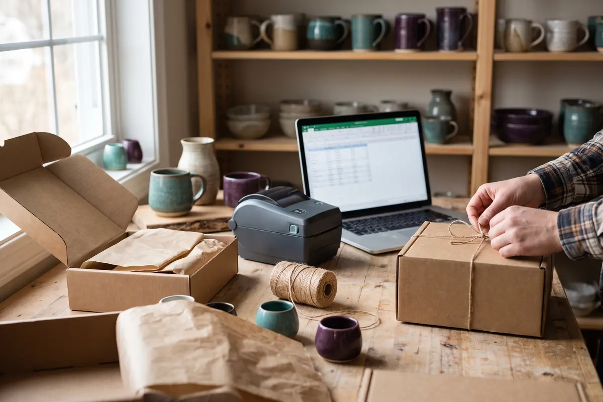 Packing online orders at a small maker's workbench