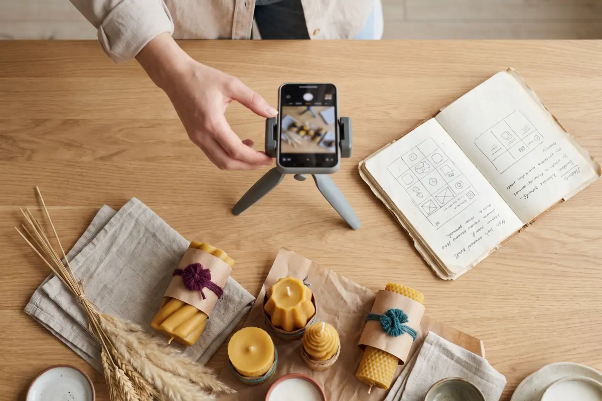 A phone on a tripod photographing a styled product shot
