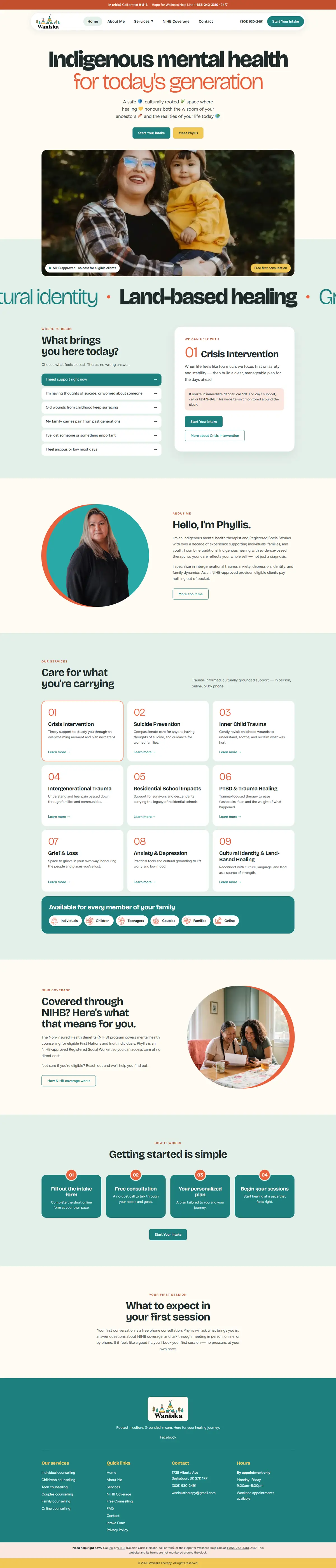 Waniska Therapy homepage, scrolling from top to bottom